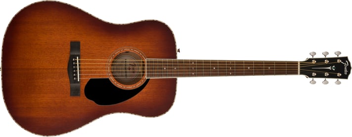The Paramount PD-220E combines state-of-the-art craftsmanship with vintage-inspired appointments, delivering the best of both worlds. Built with the choice of a solid spruce or solid mahogany top paired with solid mahogany back and sides, the PD-220E features an offset X-bracing pattern that has been carefully refined to optimize resonance and tone. A brand-new Fender and Fishman®-designed Presys VT Plus pickup amplifies the full, balanced tone of the PD-220E's dreadnought body shape, while the soundhole-mounted controls preserve the vintage aesthetics. Under the top, a body-sensing pickup enhances the soundboard's vibrations which can then be blended with the undersaddle S-Core pickup.

Updated cosmetics include snowflake-shaped pearloid fingerboard inlays, feathered purfling, rosette, and backstrip, and a Black or Tiger Stripe pickguard. The PD-220E also features an ovangkol bridge and fingerboard, slim-taper mahogany neck, bone nut and saddle, and comes with a hardshell case.

FEATURES
Updated bracing pattern
Solid spruce or mahogany top; solid mahogany back and sides
New Fender/Fishman® Presys VT Plus pickup with piezo and transducer
Snowflake inlays
Black or Tiger Stripe pickguard
Includes hardshell case