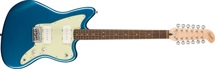 With its iconic offset body shape and rich harmonic character, the Squier® Jazzmaster® XII encourages the most adventurous players to chart a new course of guitar exploration. Featuring dual Fender-Designed alnico single-coil Jazzmaster pickups with 3-way switching and a vintage-inspired "hockey stick" headstock design, this 12-string model doubles down on chime-y tones and timeless style. Other player-friendly details include a graphite-reinforced "C"-shape neck for optimal stability and easy playability, a hybrid string-through-body/top-load bridge for reliable intonation, vintage-style tuning machines for smooth tuning action, and a gloss neck finish for a slick yet confident feel.
FEATURES
Fender-Designed alnico single-coil Jazzmaster pickups
Graphite-reinforced "C"-shape neck
Hybrid string-through-body/top-load 12-string hardtail bridge
Vintage-inspired "hockey stick" headstock shape
Vintage-style tuning machines